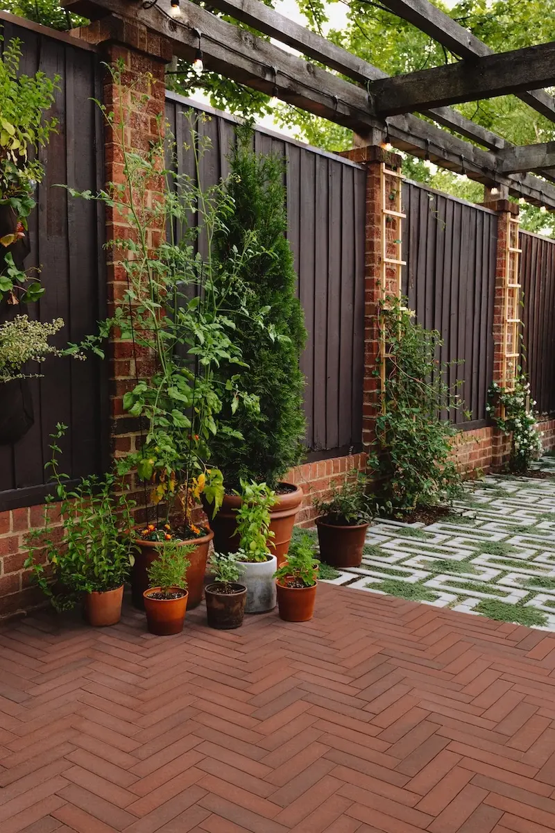 Allée de cour arrière avec pavés Westmount de Techo-Bloc, plantes en pot, murs de brique, clôture en bois et pergola.