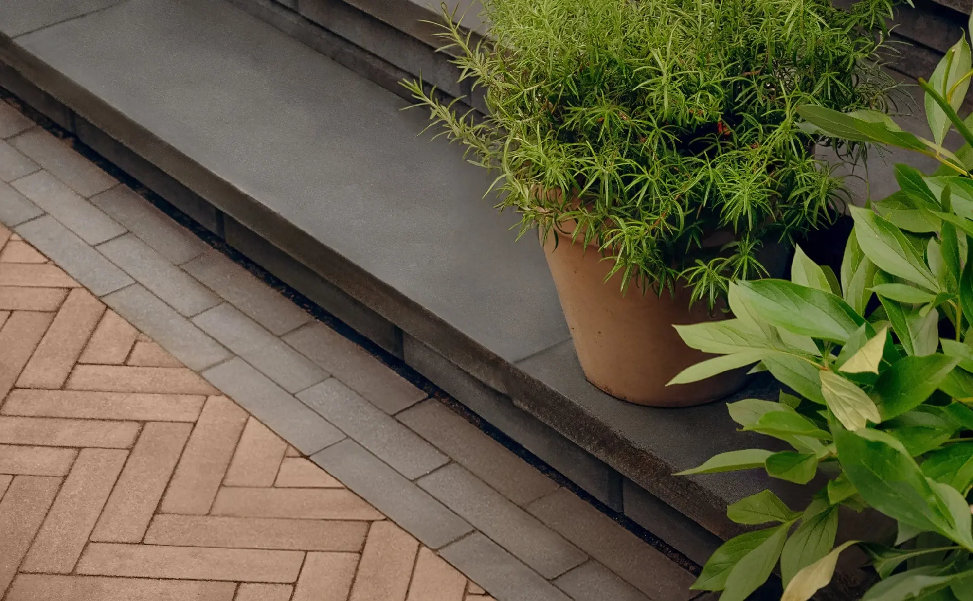 Outdoor dining edge with Techo-Bloc Westmount pavers laid in a herringbone pattern, bordered by grass and a linear water feature.
