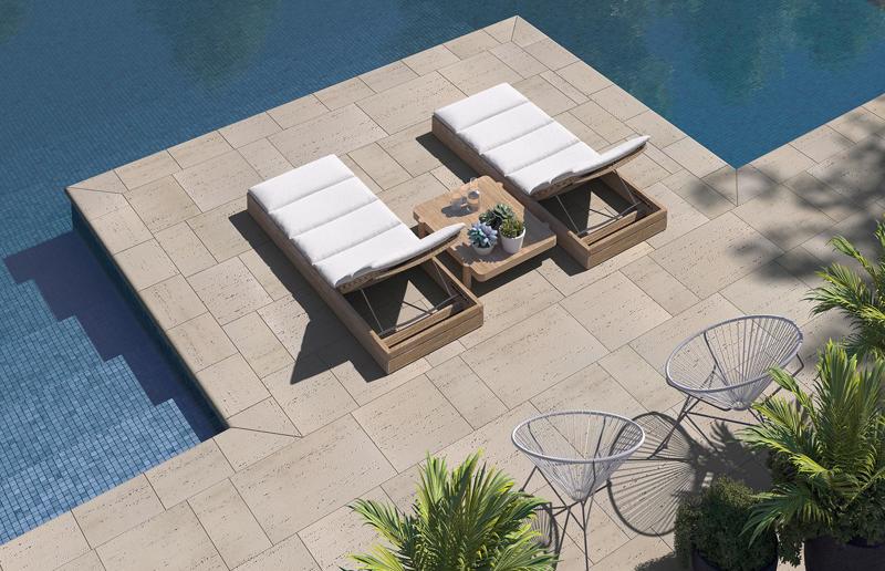 Main pool coping Bali travertina raw couronnement de piscine Primer Techo Bloc Series 2020 021 Travertina Raw Poolside