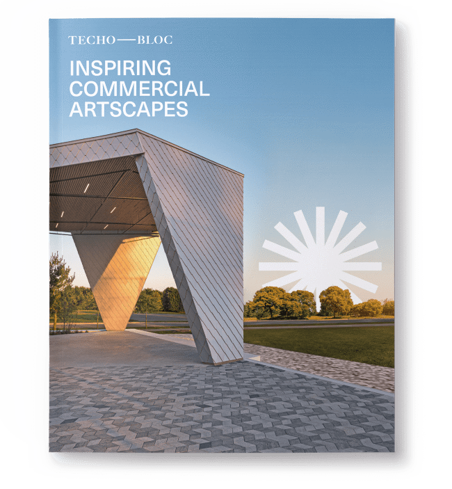 Cover of the Techo-Bloc commercial catalog featuring a modern outdoor installation with geometric architectural elements.