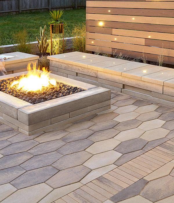 Techo Bloc slabs pavers walls caps backyard patio hexa westmount graphix borealis beige cream chestnut brown hazelnut brandy