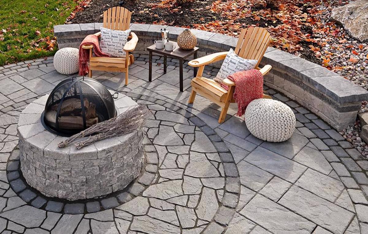 Techo bloc before after backyard patio firepit walls pavers grey black Bloc3 image 1