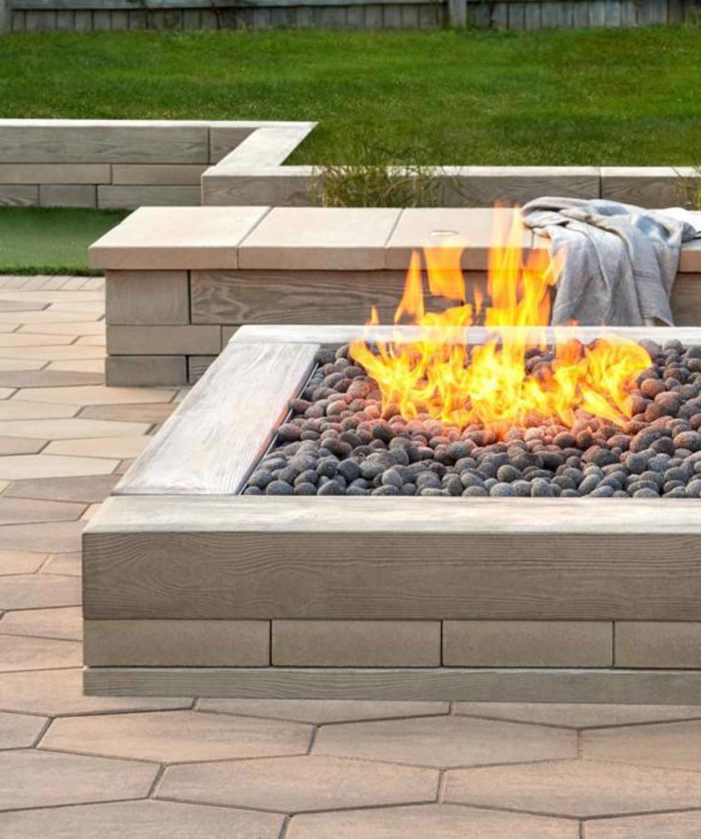 Techo bloc before after backyard patio firepit bench slabs walls edges beige brown Bloc4 image 1