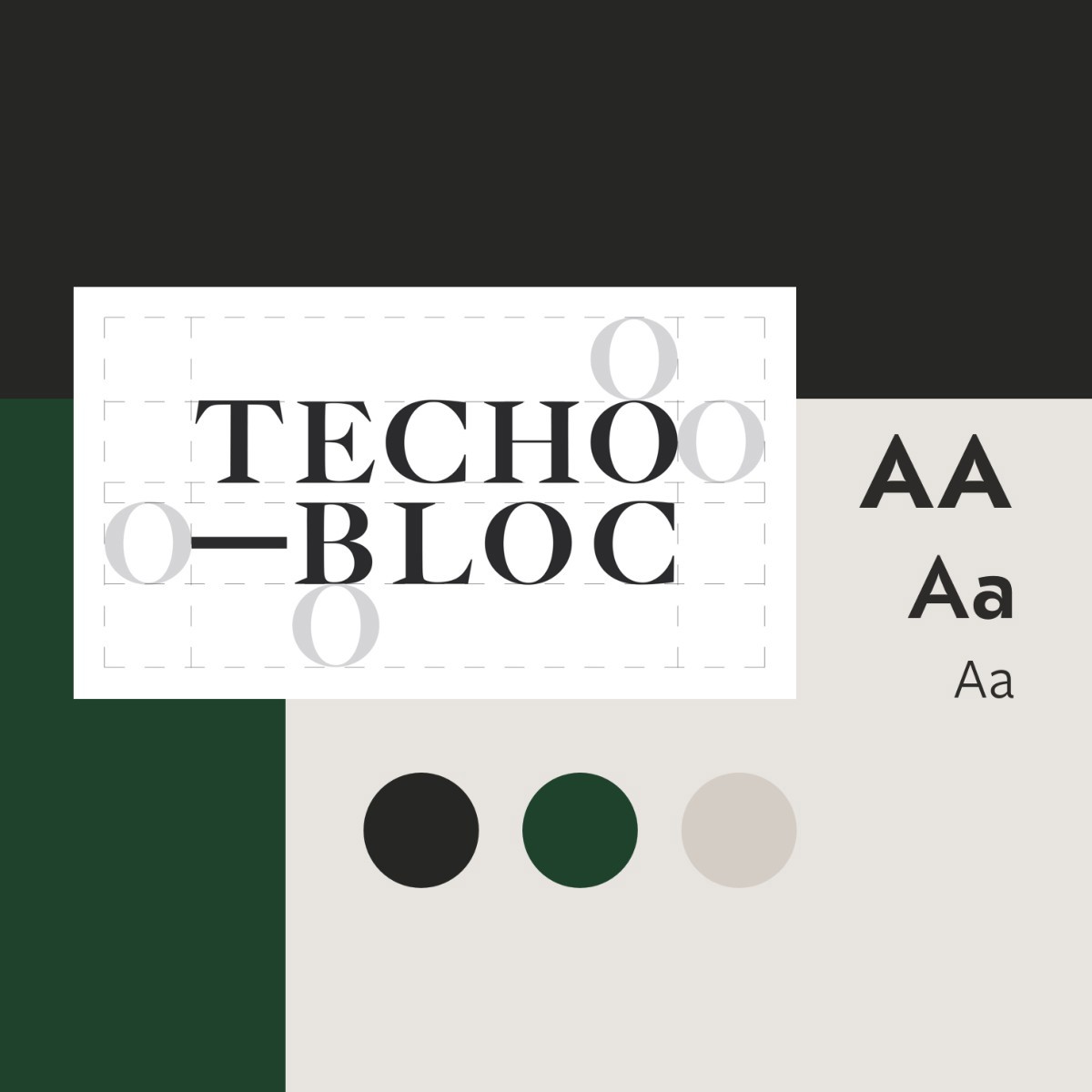Techo-Bloc brand guidelines graphic with logo, typography, and color palette
