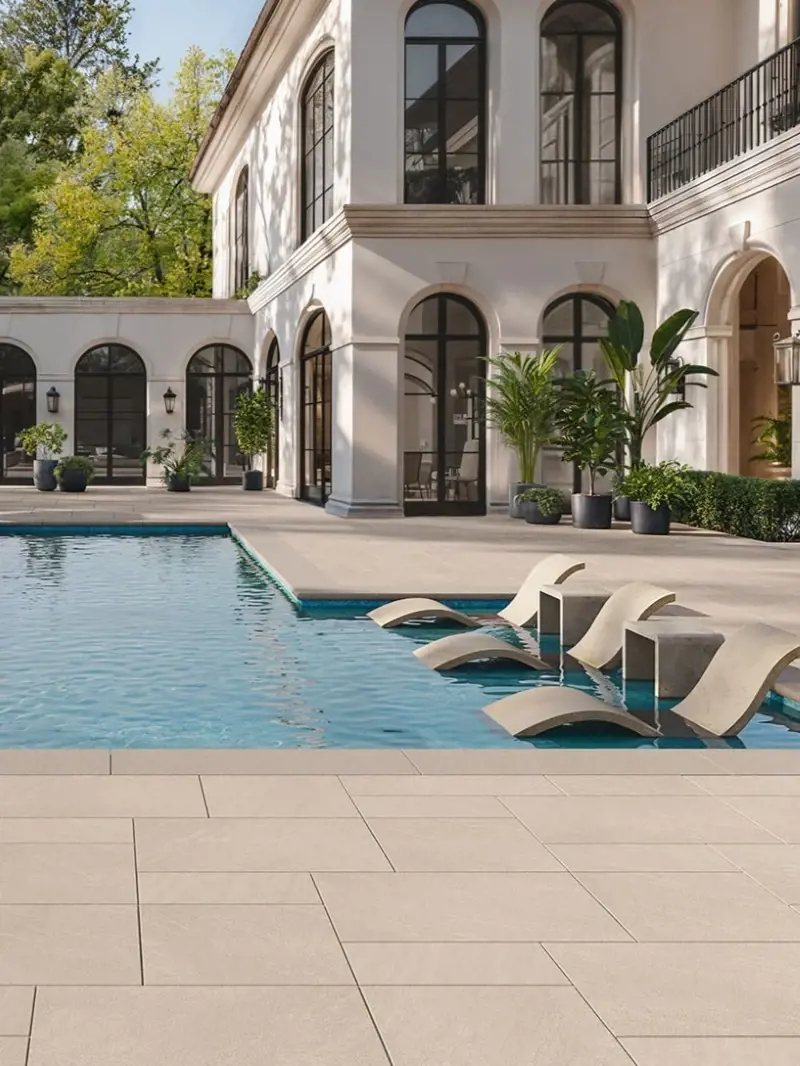 Plage de piscine en pavés antidérapants au design moderne épuré