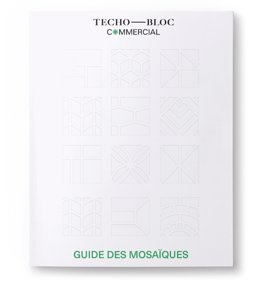 Couverture du guide de motifs mosaïques Techo-Bloc présentant des diagrammes de motifs en tracé.