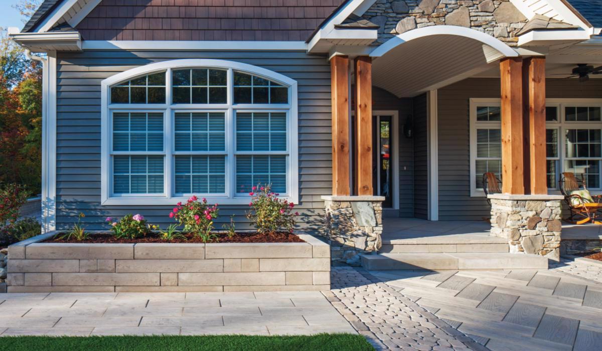 Techo bloc before after frontyard entrance walkway slabs pavers walls grey brown beige Bloc1 image 2