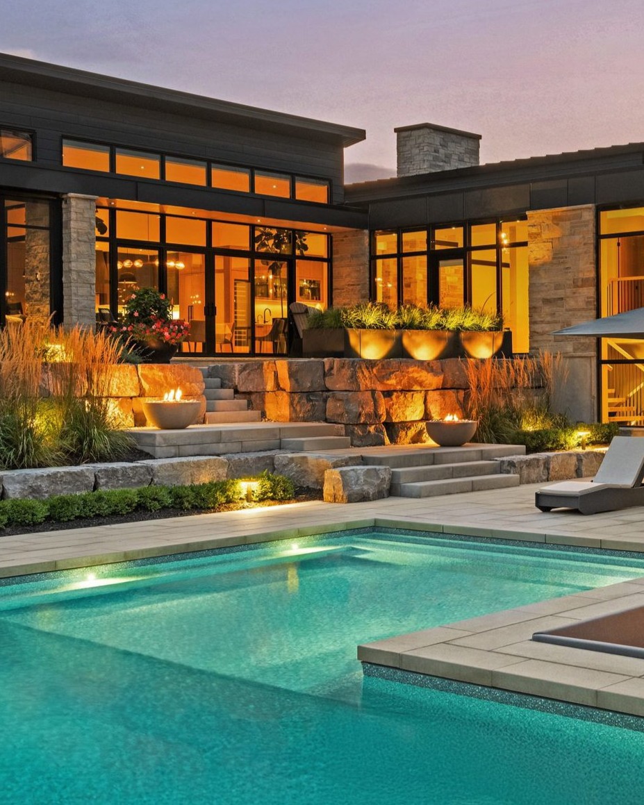 Outdoor fire lounge featuring Lumi Firebowls in Warm Grey, positioned between Blu 60 Slabs for a warm, atmospheric glow.