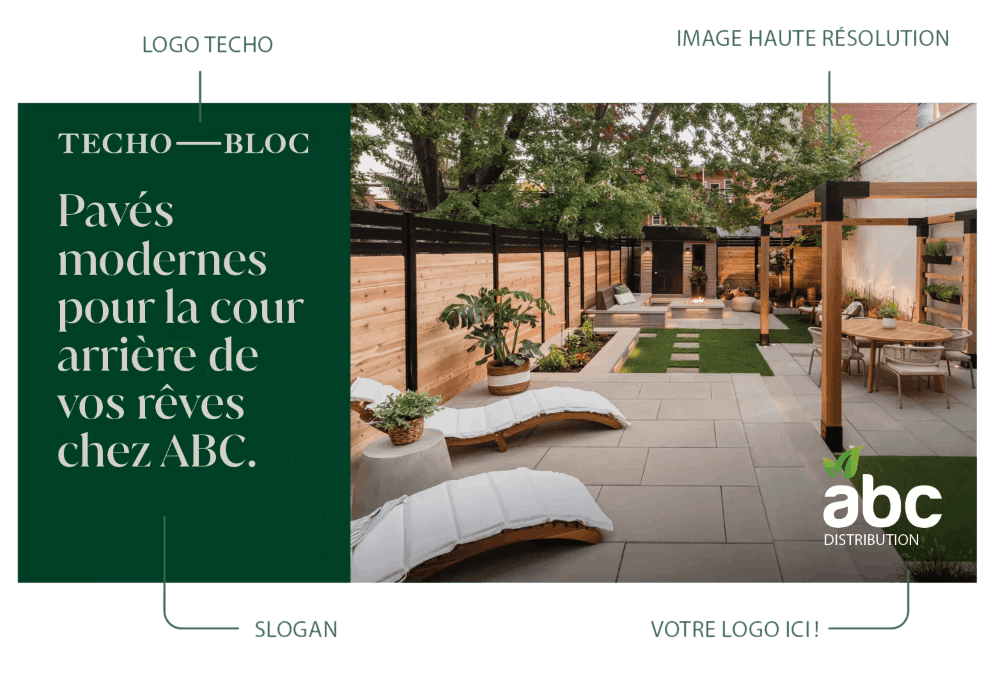 Directives de marketing sur panneau présentant un processus de soumission en 3 étapes et une maquette de panneau Techo-Bloc.