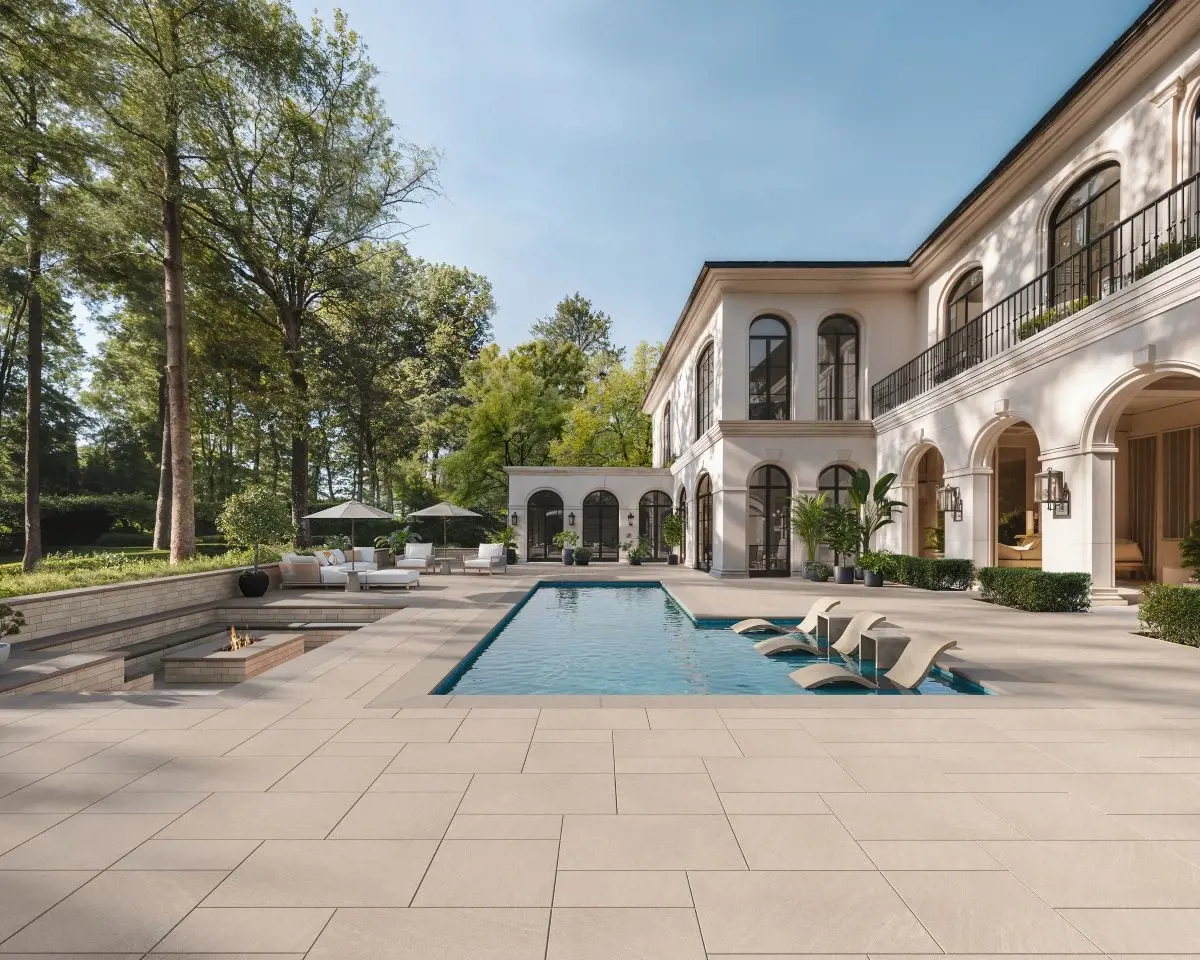 Cour arrière luxueuse avec piscine moderne, chaises longues et terrasse spacieuse aménagée avec la collection Sandstone de Techo-Bloc—dalles grand format, marches et margelles dans des tons beiges chaleureux.