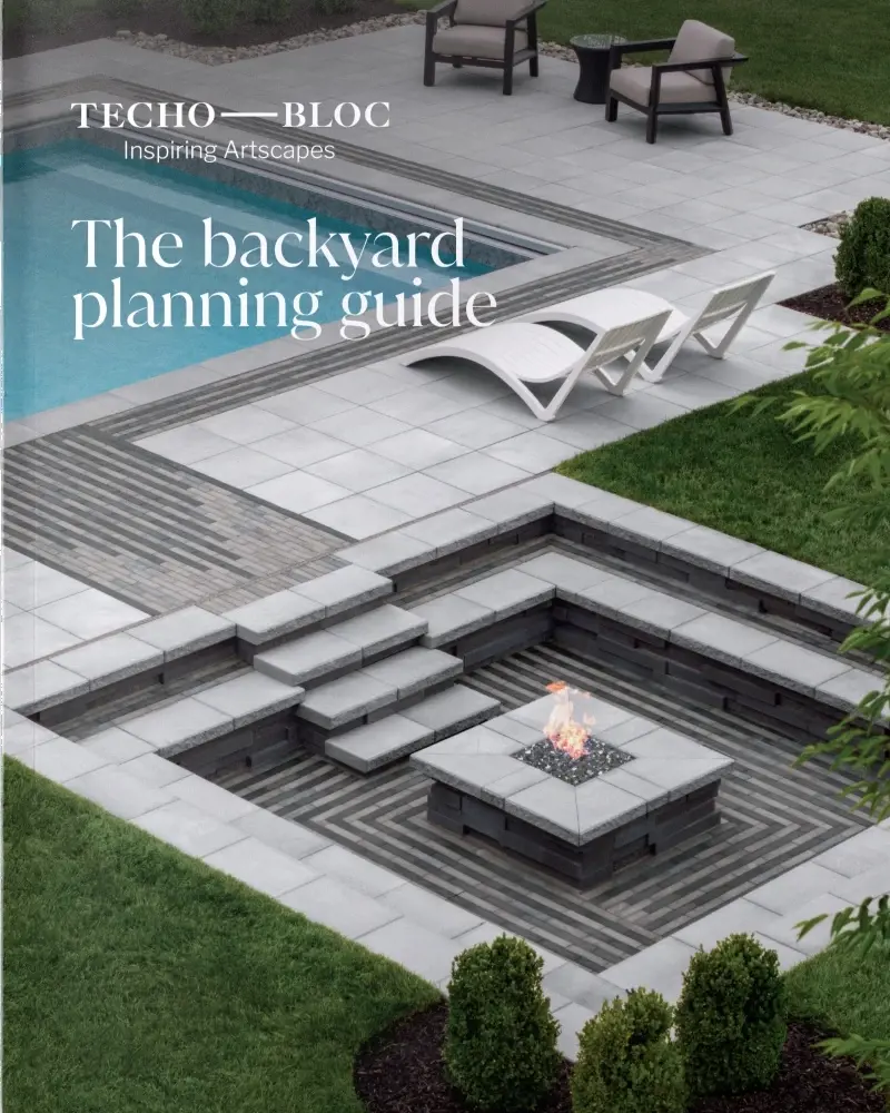 Backyard planning guide featuring multi-level patio design, retaining walls, steps, and fire pit layout ideas