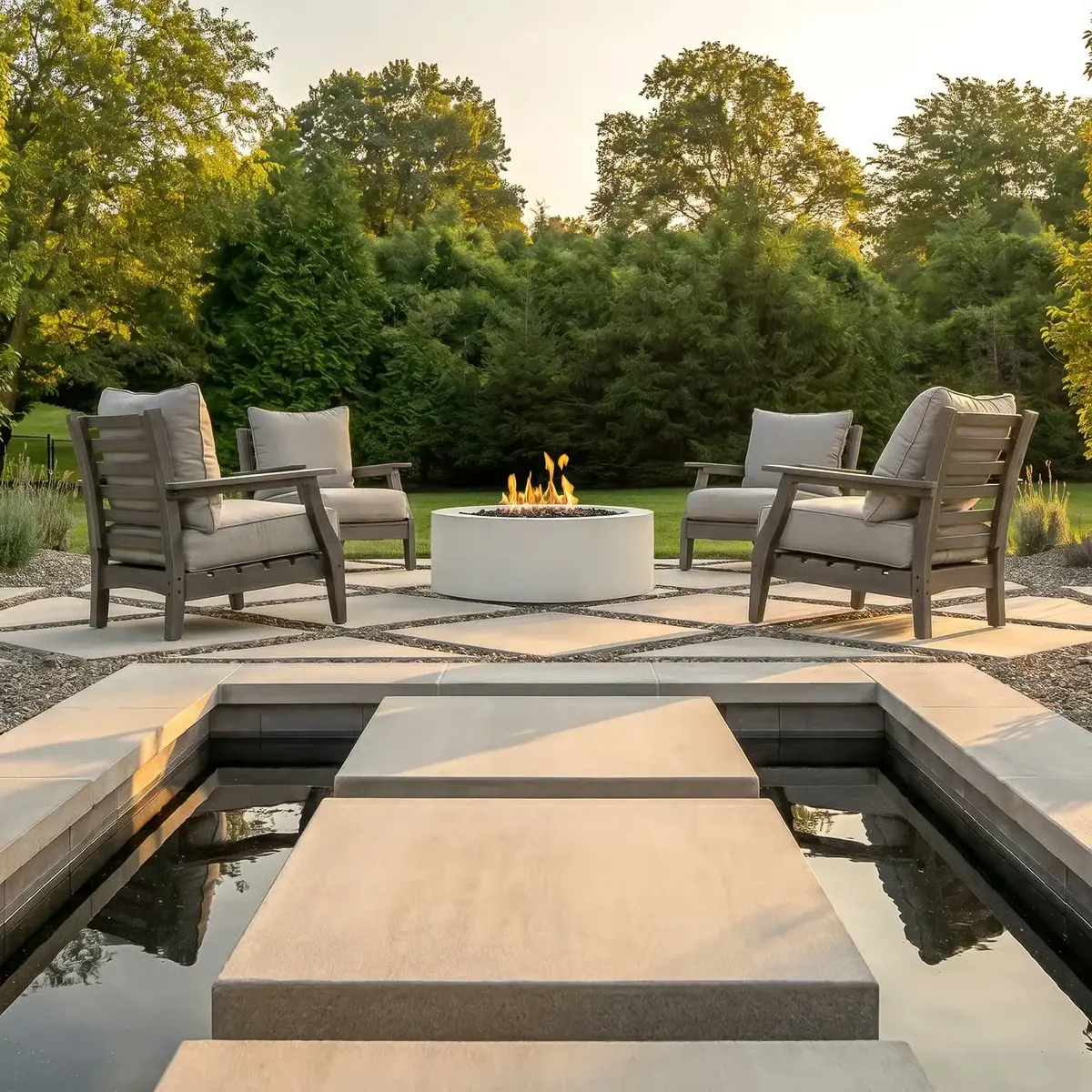 Sculptura Circle Firepit in Cool Grey on a patio with irregular slab placement