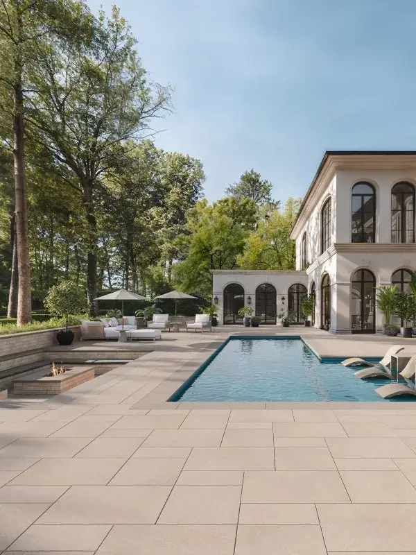 Elegant space with stone-crafted surfaces and Mediterranean-style architecture.