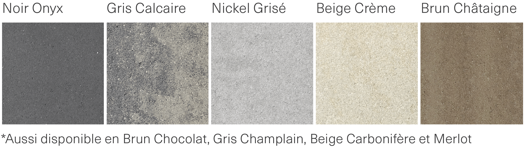 Options de couleurs en béton de la collection Studio incluant Noir Onyx, Gris Calcaire, Nickel Grisé, Beige Crème et Brun Châtaigne