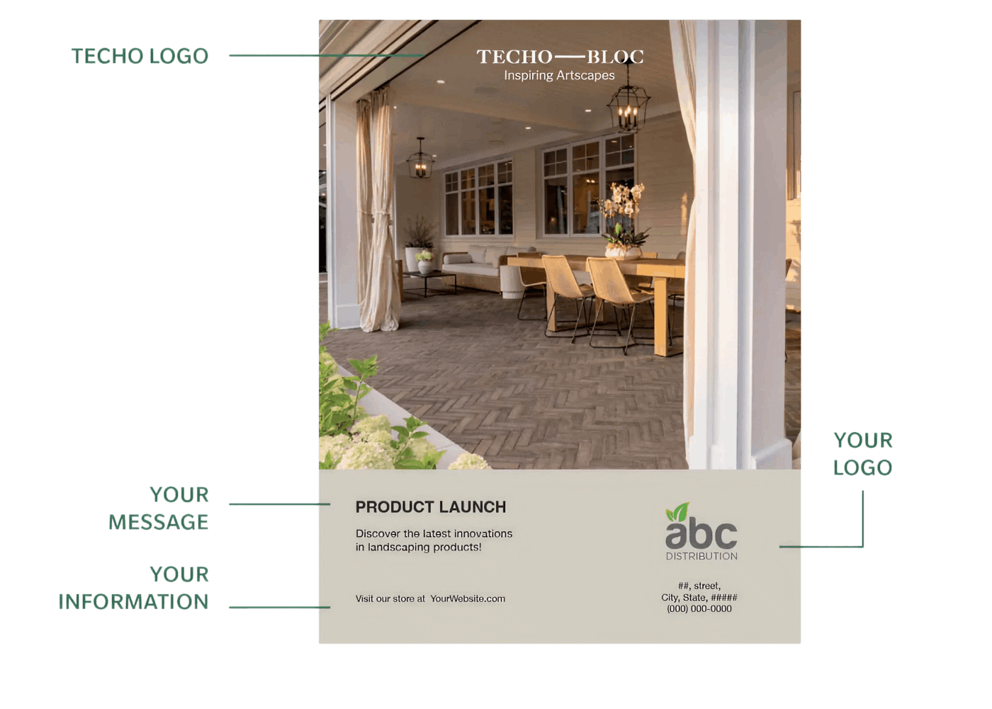 Printed ad marketing guidelines showing a 3-step approval process and a sample print ad layout with logo and message placement.