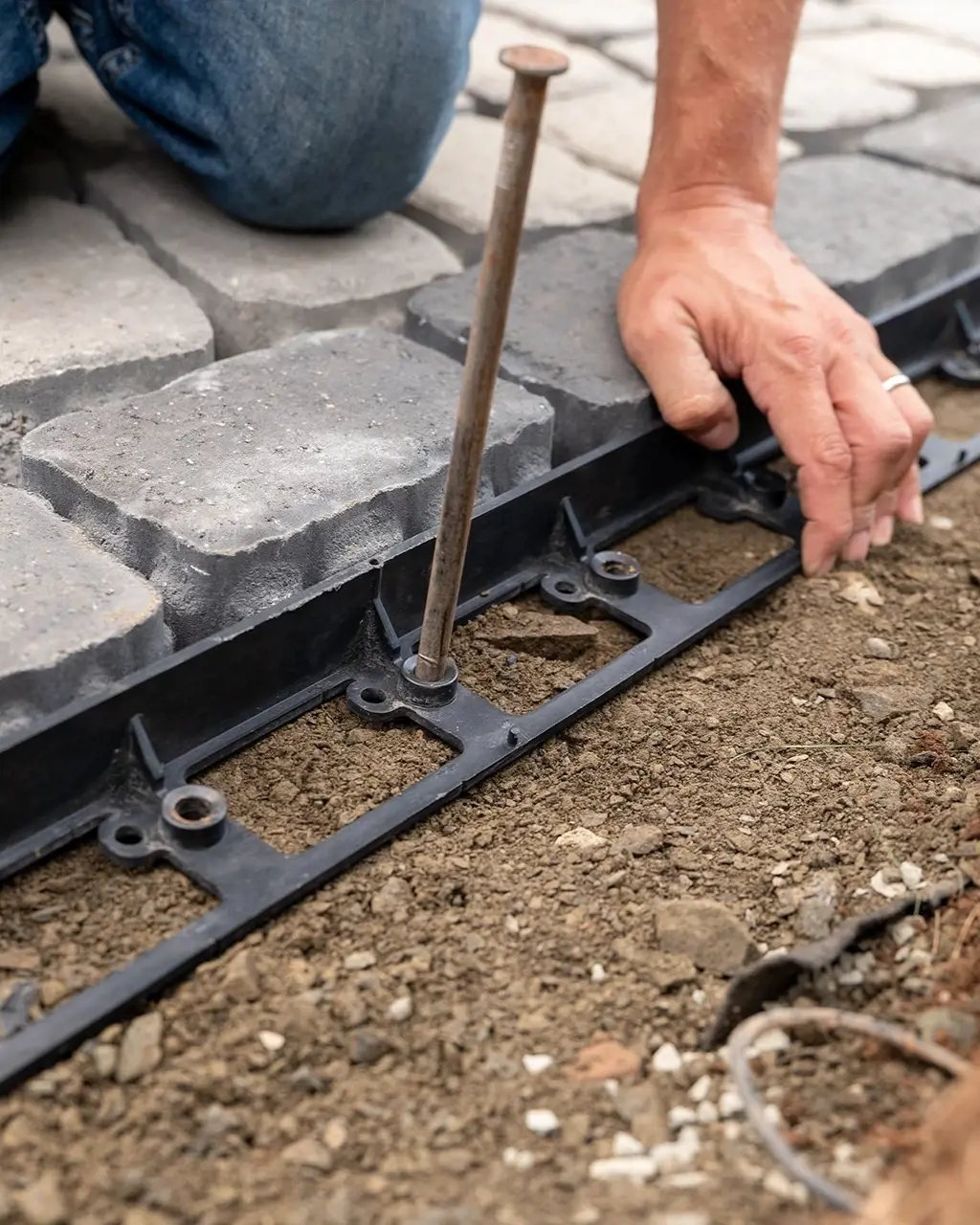 Contractor securing edge restraints with metal spikes to lock pavers in place.
