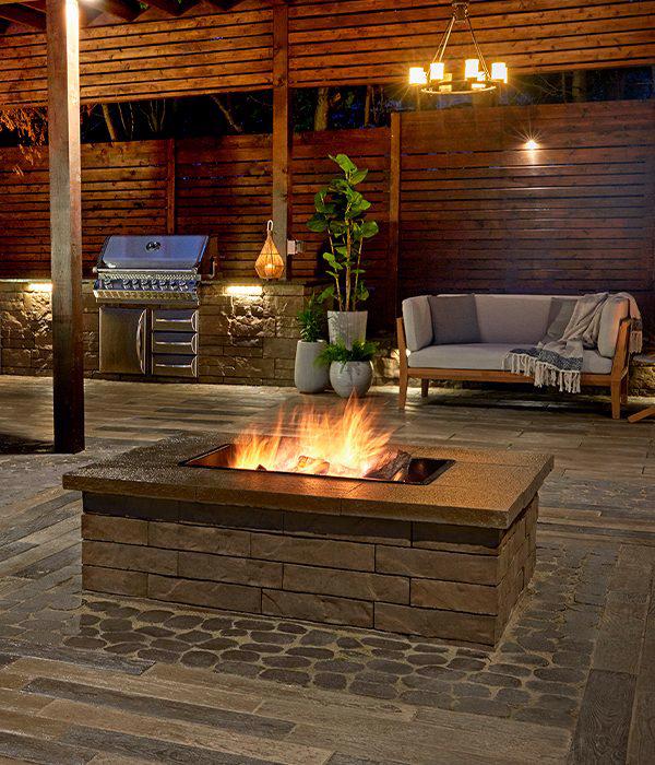 Techo Bloc slabs pavers wall backyard patio outdoor kitchen firepit borealis antika brandon chestnut brown