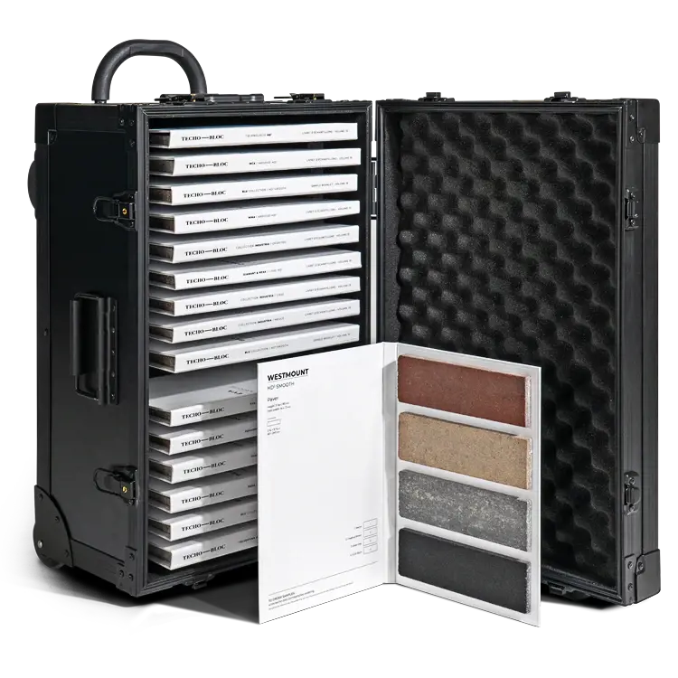 Techo-Bloc Sample Suitcase with wheeled hard case and paver sample boards.