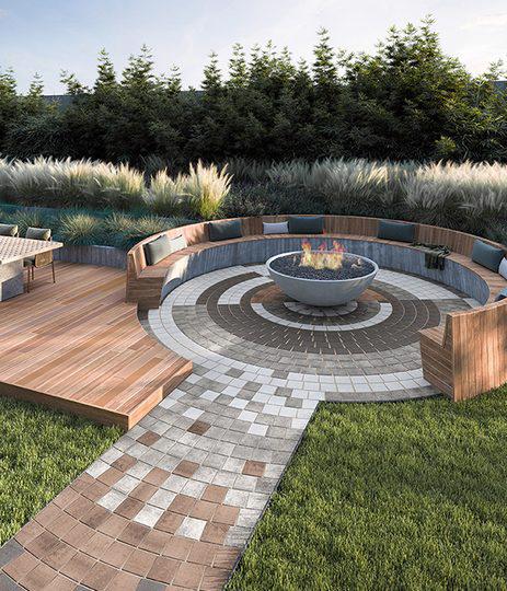 Techo Bloc pavers backyard patio firepit bench industria greyed nickel shale grey onyx black chestnut brown