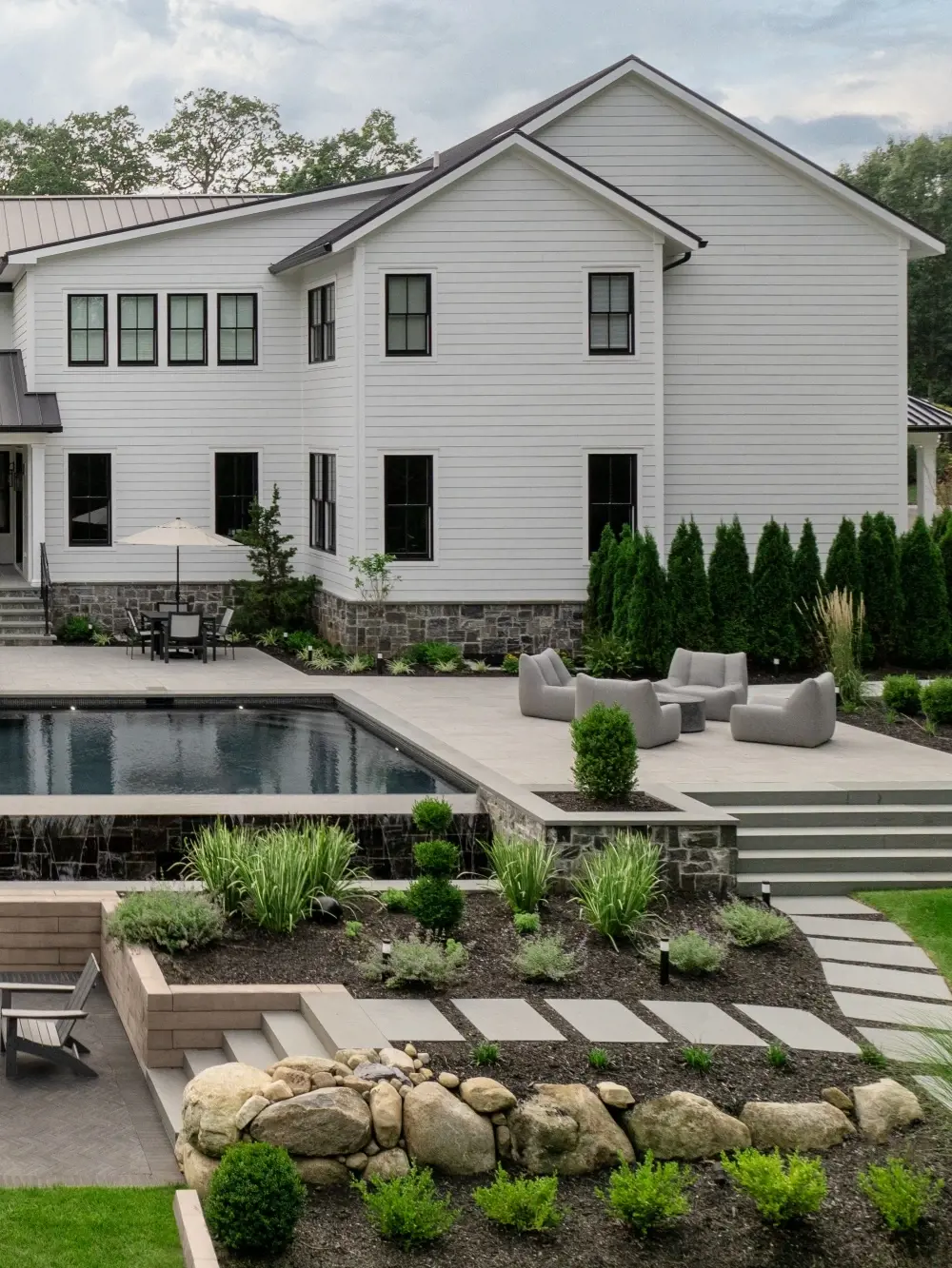 Cour arrière haut de gamme avec piscine, patio à niveaux multiples, murs de soutènement et foyer en pavés Techo-Bloc