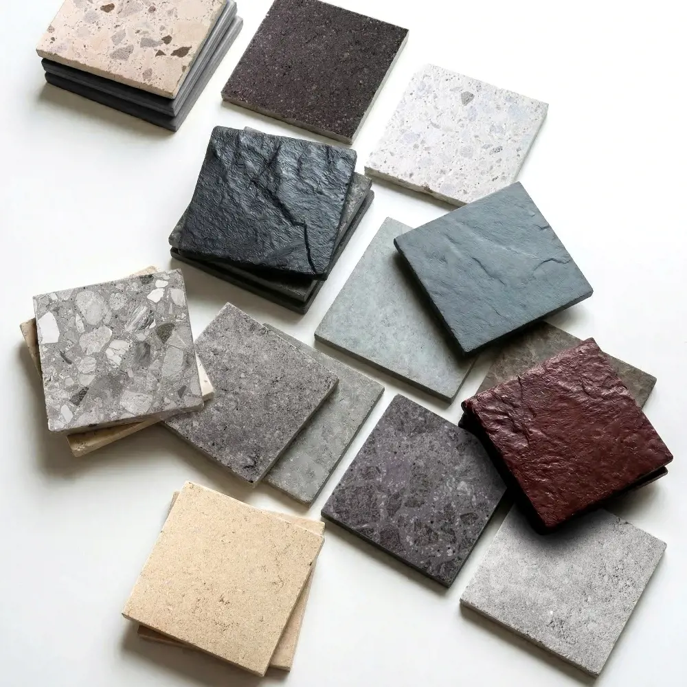 Assorted concrete paver samples in various colors and textures arranged for comparison