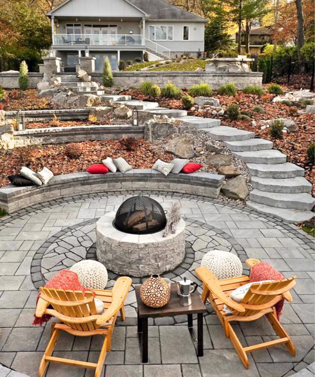 Techo bloc before after backyard walkway patio firepit steps walls pavers grey black Bloc2 image 1