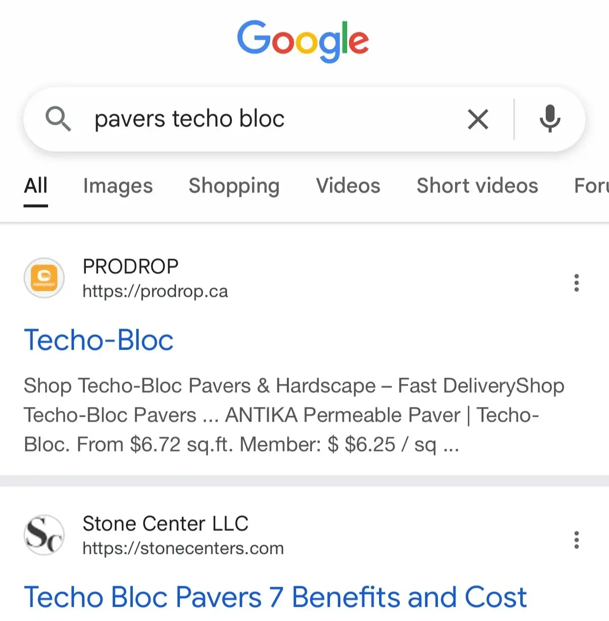 Google Search Ads overview with a phone screenshot showing search results for “pavers techo bloc” and a sponsored listing example.