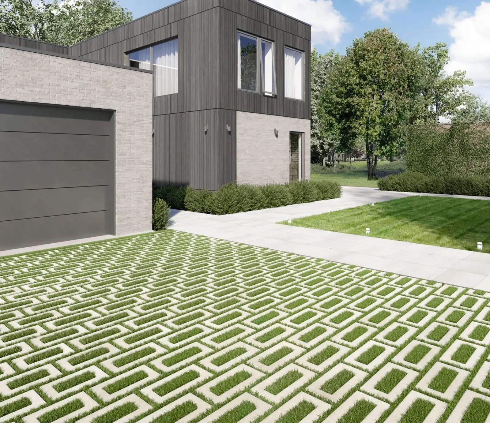 Aquastorm Paver by Techo-Bloc in Natural Grass with geometric layout, enhancing a modern home’s eco-friendly driveway.