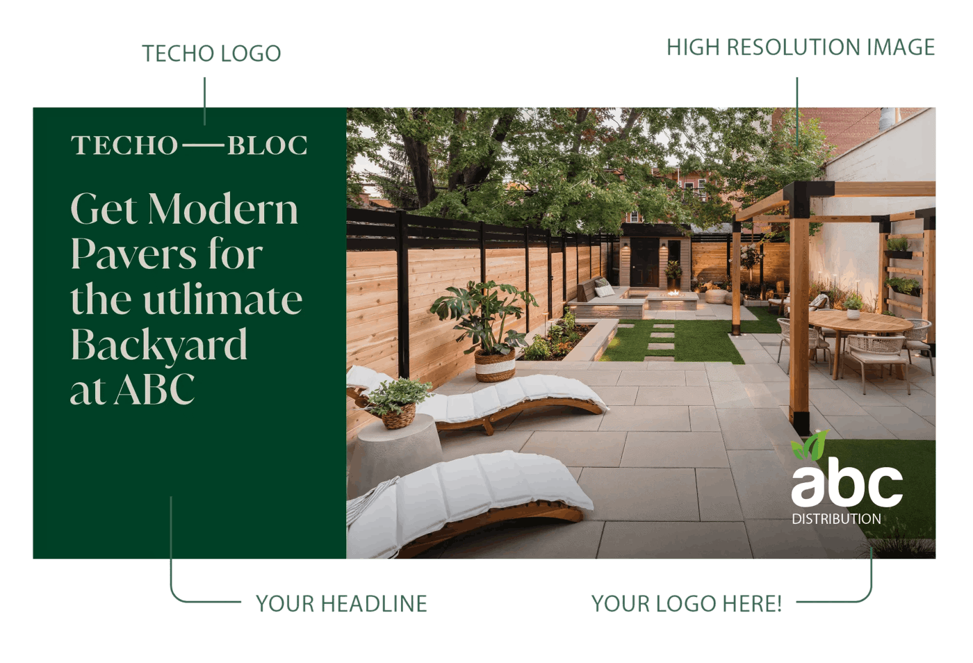 Billboard marketing guidelines showing a 3-step submission process and a sample Techo-Bloc billboard mockup.