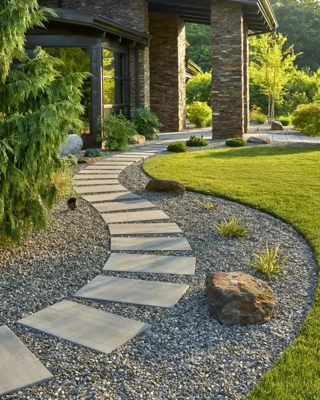 Curved garden walkway with Techo‑Bloc stepping stones set in gravel, bordered by lush green lawn.