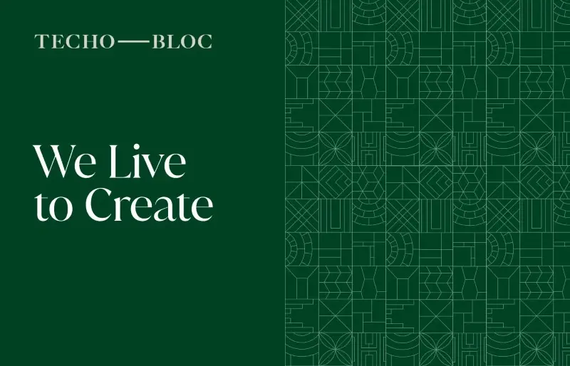Graphic displaying the Techo-Bloc brand message ‘We Live to Create.