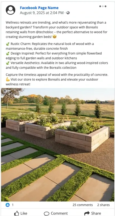 Facebook post example for Techo Posts For You showing Techo-Bloc project imagery with a caption and engagement icons.