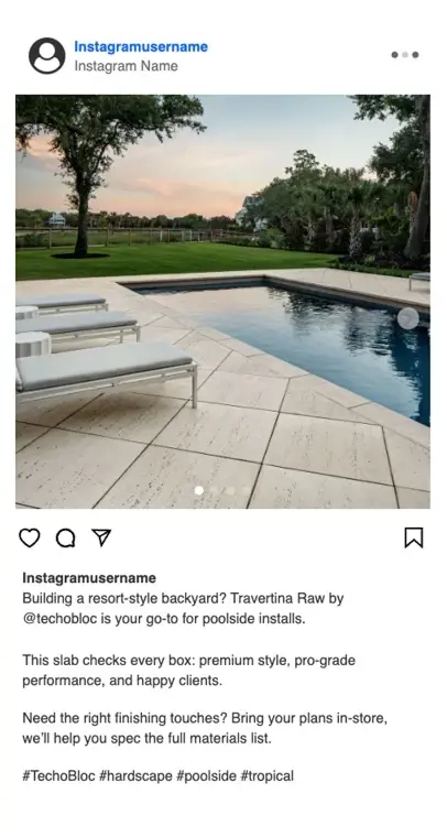 Instagram post example for Techo Posts For You featuring a poolside patio photo and caption preview.