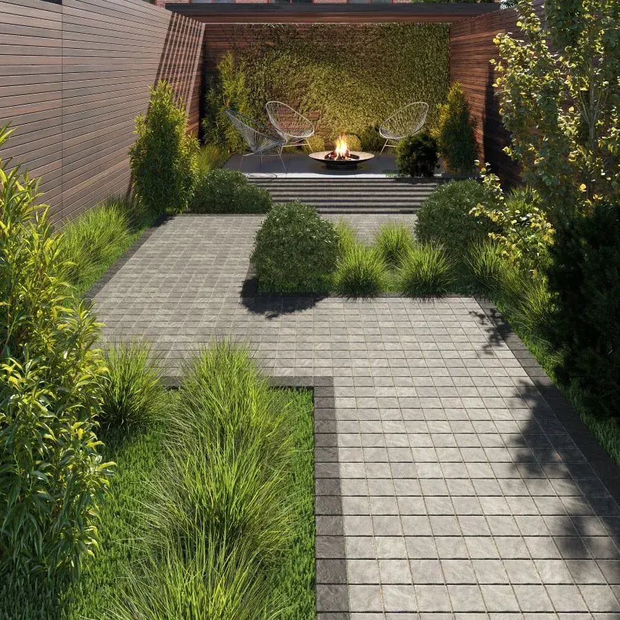 Squadra Paver by Techo-Bloc in Merlot with smooth texture, framing a pool with clean lines and warm color tones.