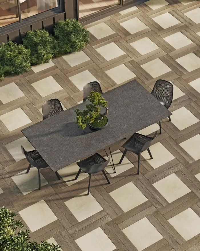 Natural-style patio featuring Techo-Bloc Borealis and Para pavers blending wood and stone textures.