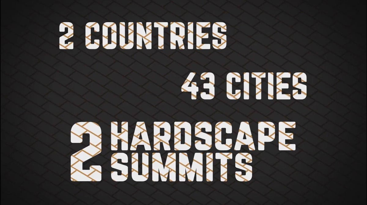 Visuel avec texte "2 countries, 43 cities, 2 Hardscape Summits", annonçant une tournée nord-américaine pour professionnels de l’aménagement paysager.