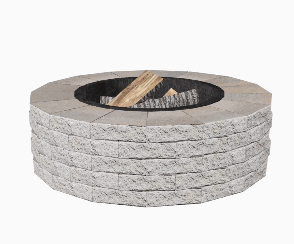 Techo-Bloc Valencia Fire Pit in Champlain Grey, showcasing circular stone design and textured finish.