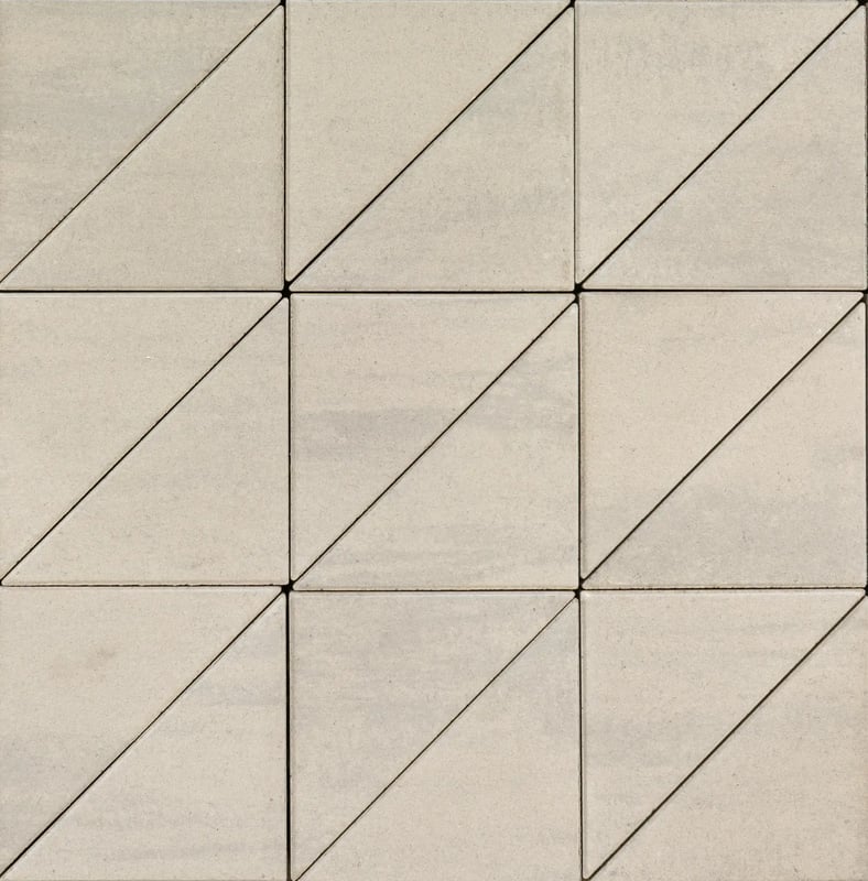 Industria Triangle HD² slab by Techo-Bloc in Greyed Nickel with smooth texture, shown in geometric triangle layout ideal for modern patios or walkways.