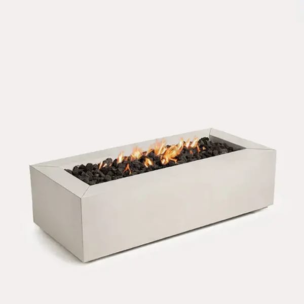 Sculptura Fire Pit Rectangle by Techo-Bloc, sleek rectangular fire pit with lava rock, providing a contemporary outdoor centerpiece for modern spaces.
