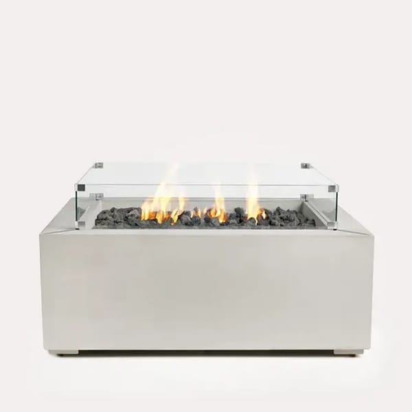 Sculptura Fire Pit Square by Techo-Bloc, sleek square fire pit with glass surround and lava rock, perfect for creating a modern outdoor focal point.