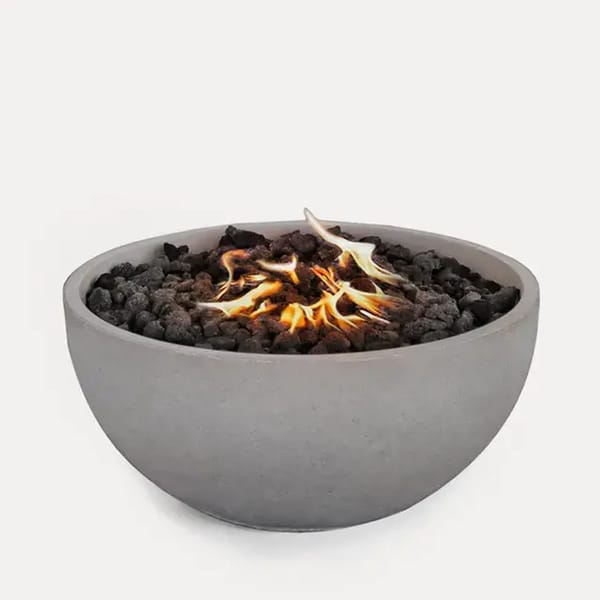 Sculptura Lumi Firebowl Kit by Techo-Bloc, firebowl with an antique Warm Grey finish, including a stainless-steel burner, lava rock, and fabric cover.