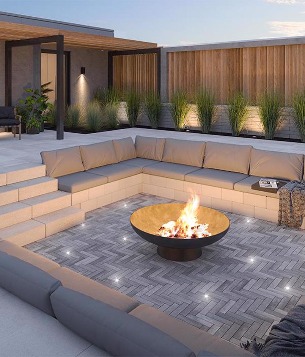 Techo bloc by style backyard patio firepit pavers slabs walls caps grey modern 5