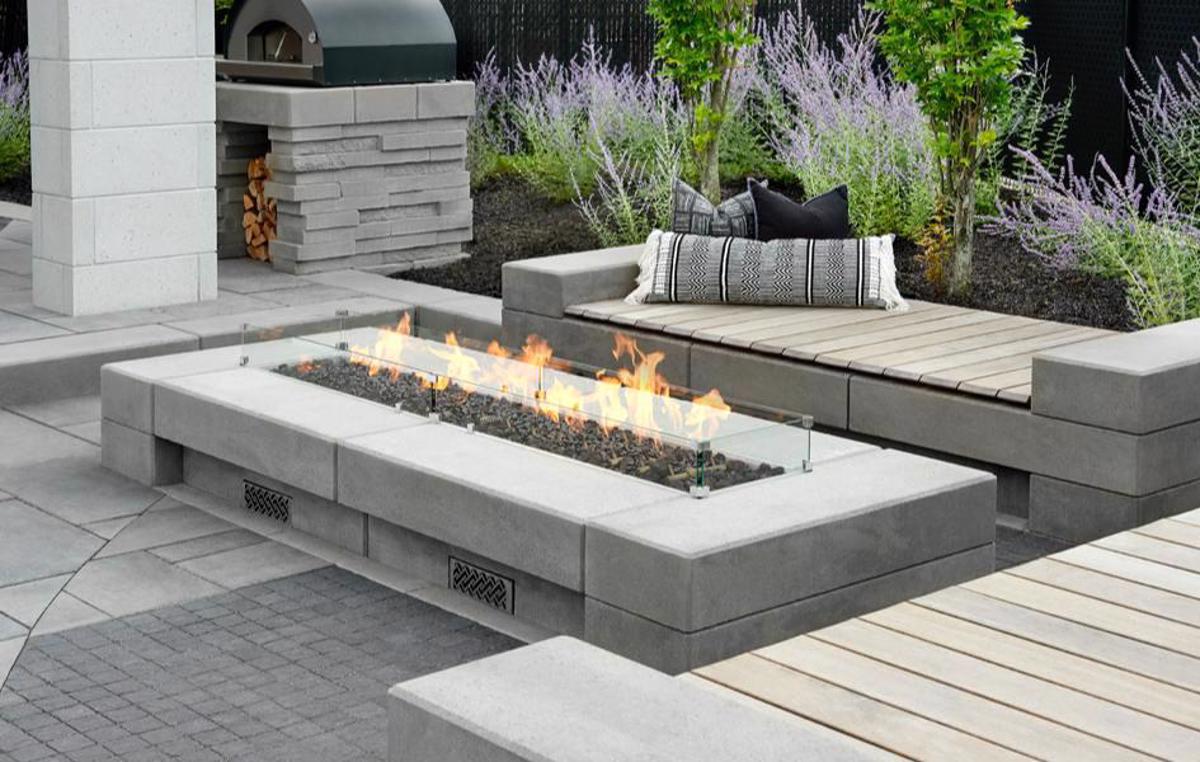 Techo bloc before after backyard patio firepit slabs walls bench grey black Bloc3 image 1