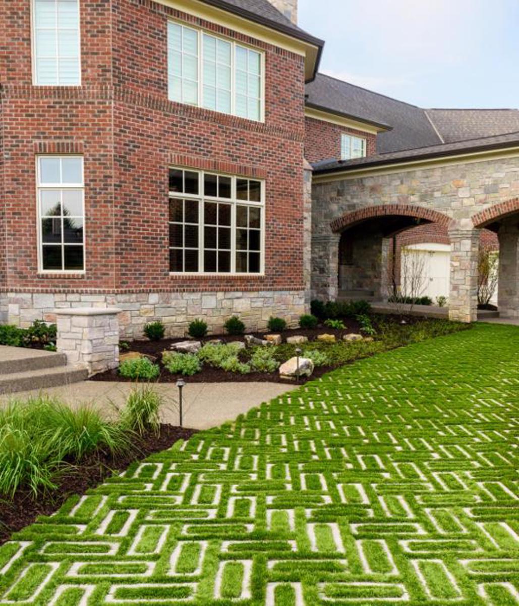 Techo bloc permeable pavement frontyard walkway pavers grass aquastorm grey img1