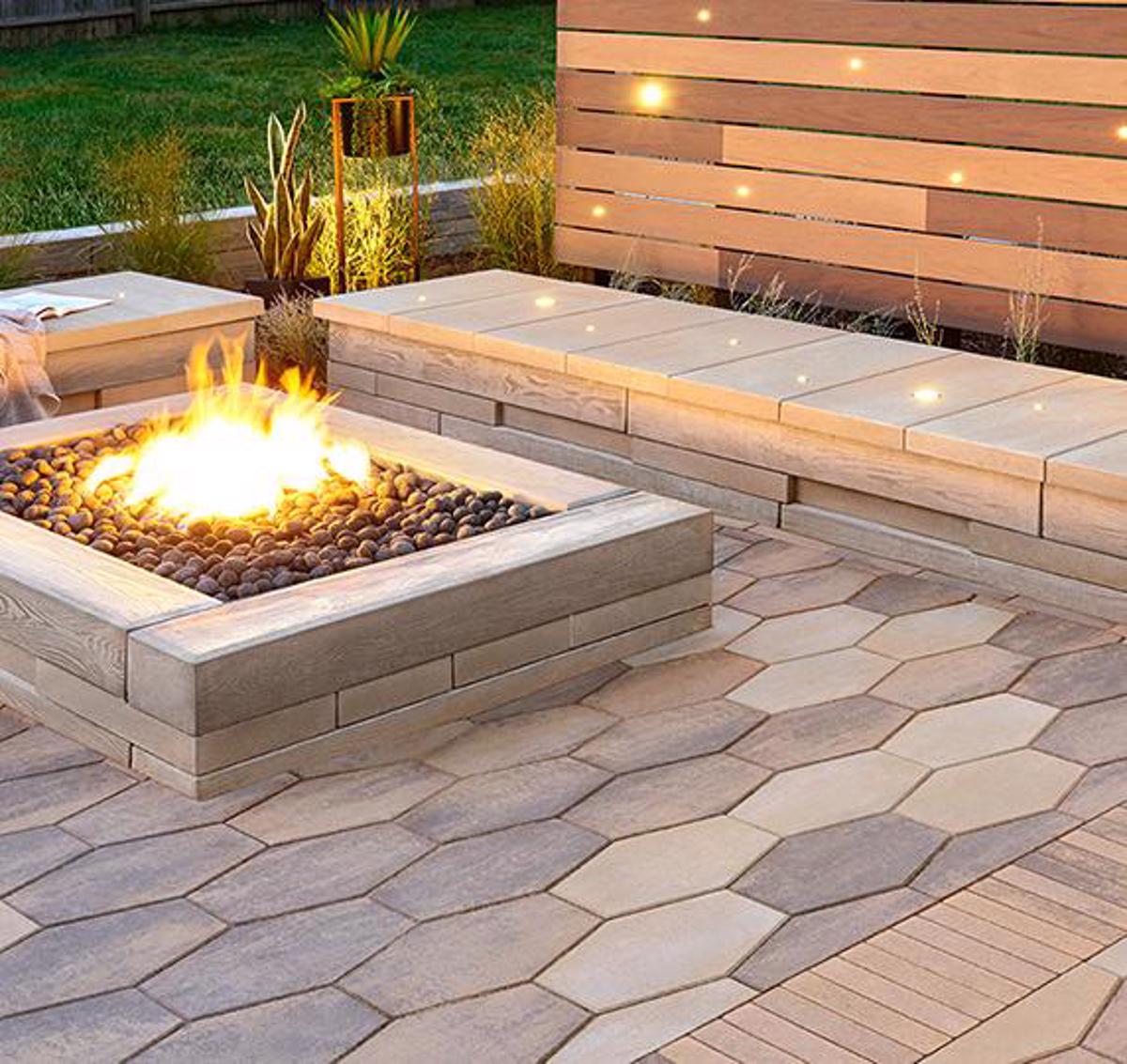 Techo bloc homepage co backyard patio slabs firepit bench beige brown mosaic img3