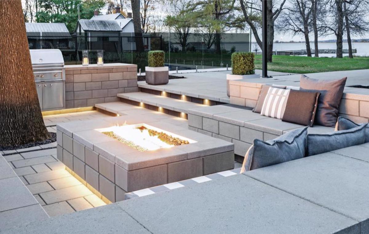 Techo bloc before after backyard patio firepit bbq grill slabs walls caps grey black Bloc3 image 1