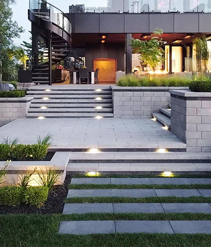 Retaining wall blocks Raffinato Wall Smooth muret slabs walls steps backyard walkway patio lighting para raffinato blu grande greyed nickel onyx black