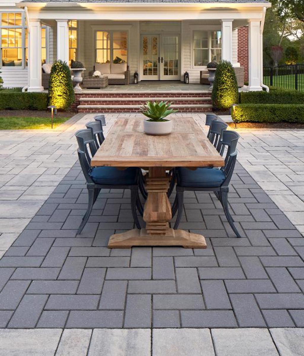 Techo bloc by style backyard patio dining table slabs pavers grey black traditional 4