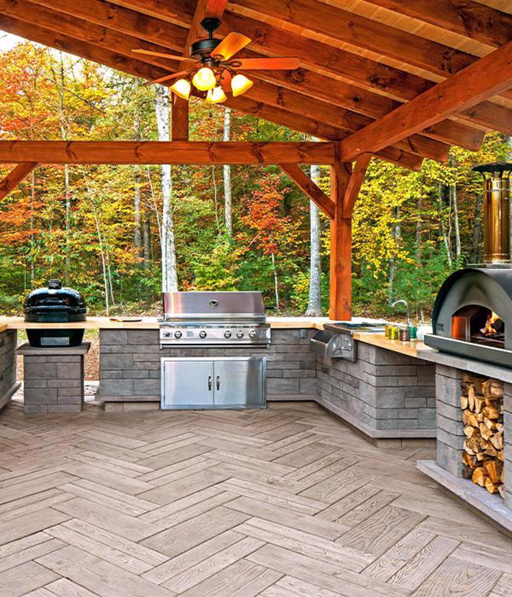 Techo bloc by style backyard outdoor kitchen bbq grill slabs walls caps grey brown rustic 1