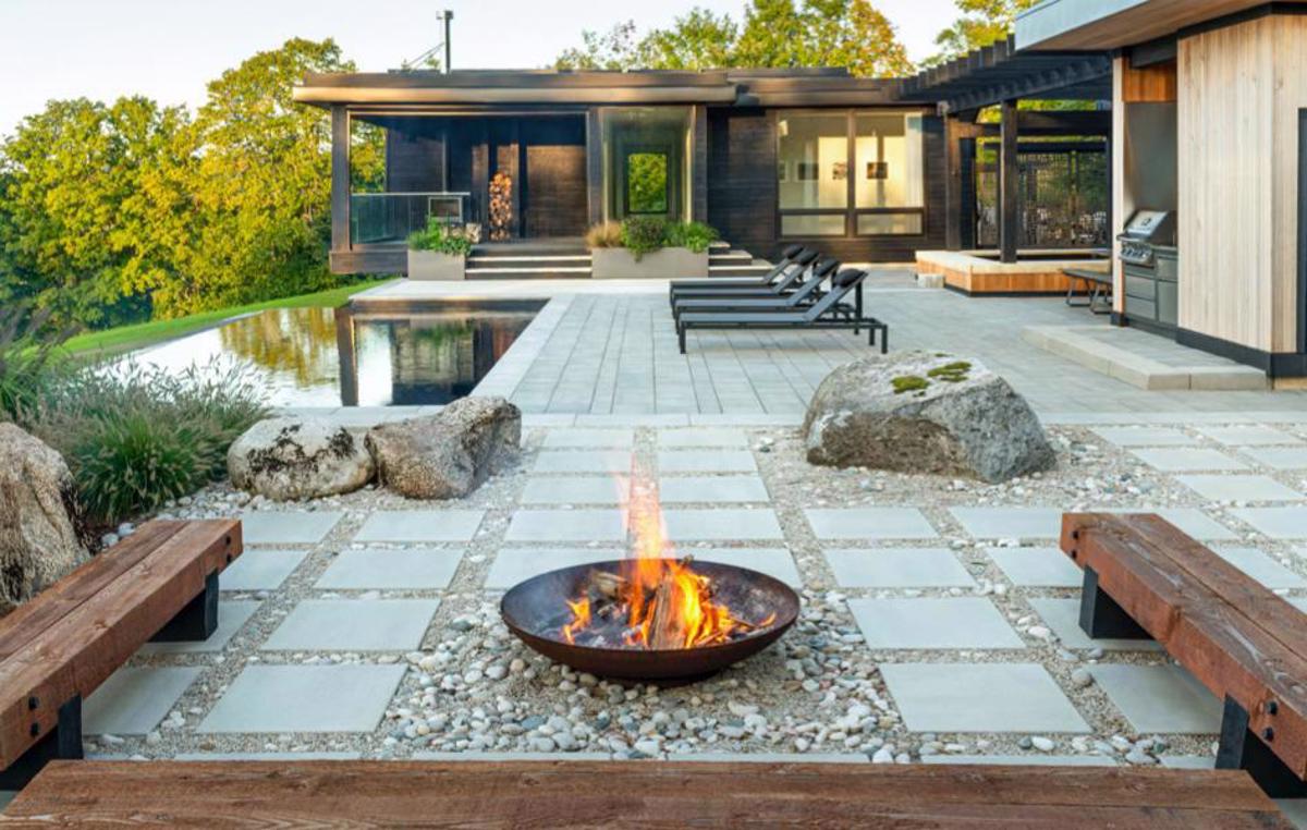 Techo bloc before after backyard patio firepit poolside slabs caps grey Bloc3 image 1